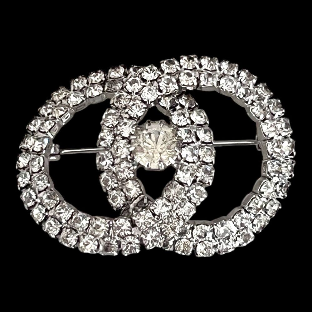 Vintage 1950s Rhinestone Brooch Concentric Circle Crystal Silver Tone - 6D